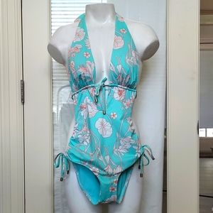 Blue Floral Keyhole Monokini Swimsuit
